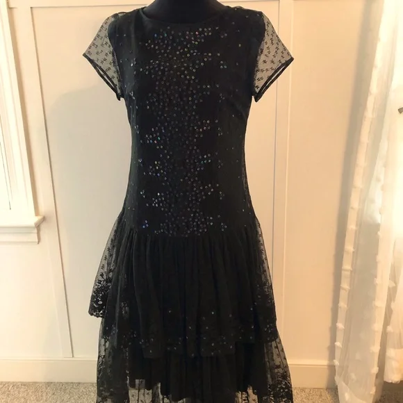 Black Lace Sequin 1920s Downton Abbey Slip Dress With Lace Overlay. 8 Medium | Color: Black | Size: 8 | Doho58's Closet